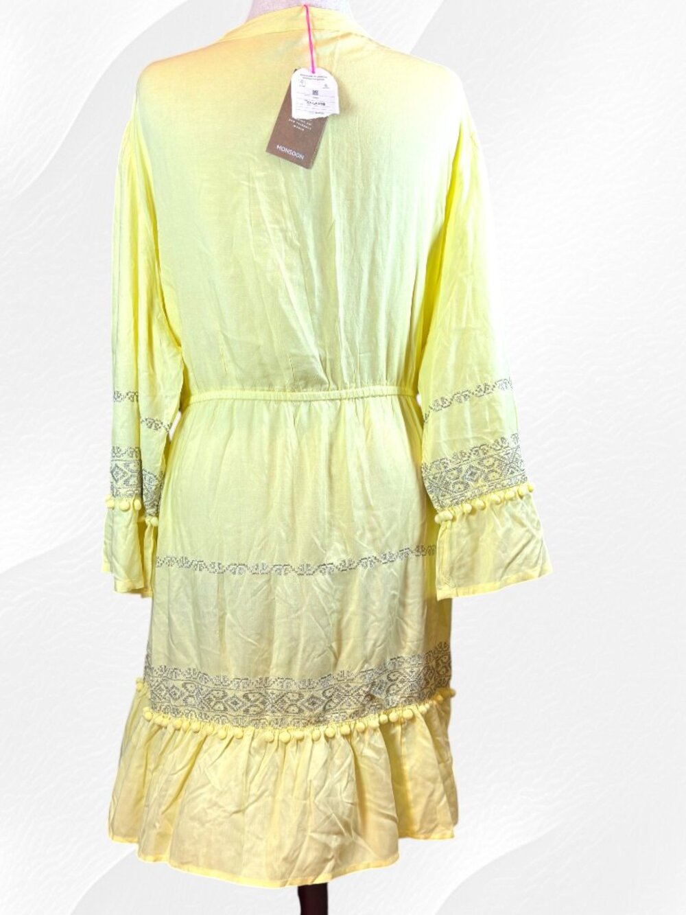 Monsoon XXL NWT Yellow Boho Festival Dress Metallic Embroidered Pom Pom Tassels - Picture 3 of 15